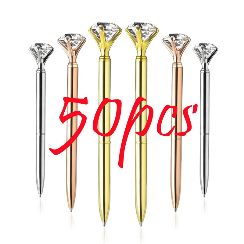 50 Pcs/lot Big Crystal Diamond Metal Ballpoint Pen Ring Wedding Office Gift Roller Ball Pens Black Blue Ink Free Custom Logo luxury elements crystal pen stardust ballpoint pen roller ball crystalline pen wedding gift pen