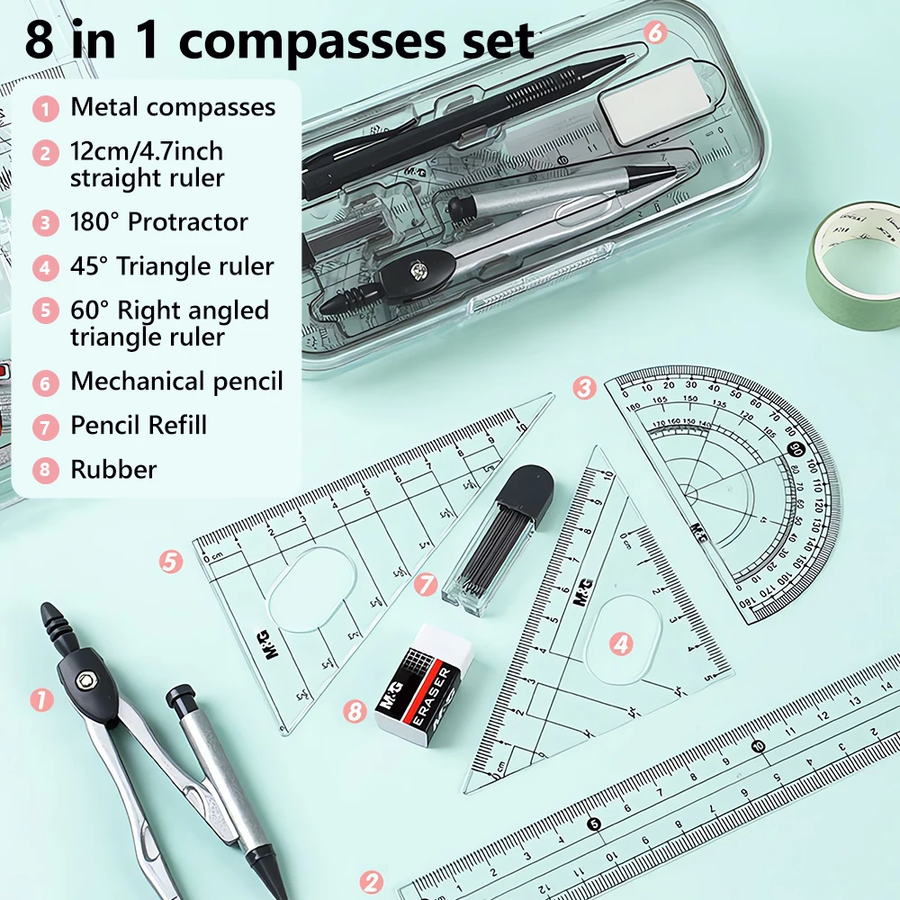 M&G Measuring Drawing Set (Compass + Ruler/Triangular Ruler + Protractor Eraser Mechanical Pencil Pencil Lead) 8pcs