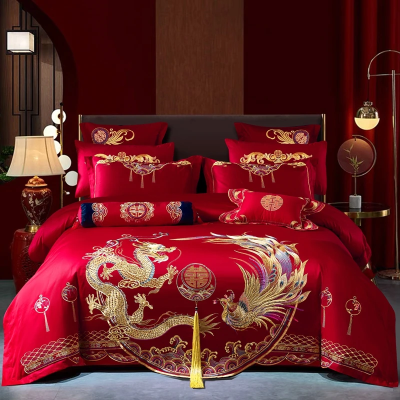 

Luxury Chinese Wedding Golden Dragon Phoenix Embroidery Red Egyptian Cotton Bedding Set Duvet Cover Bed Linen Sheet Pillowcases