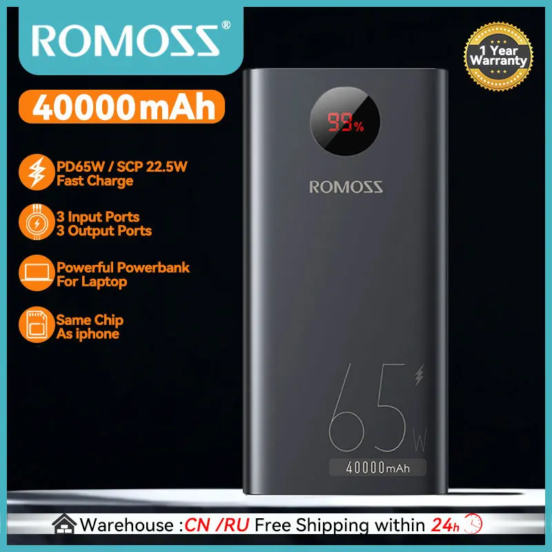ROMOSS Power Bank, 40,000mAh 65W Cargador Portátil Para Portátil Con