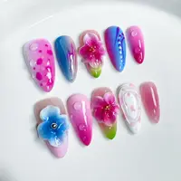 10pcs Glossy Almond French Press On Nails Handmade 3D Carving Flower Water Drop Designs False Nails Gradient Blue Pink Manicure