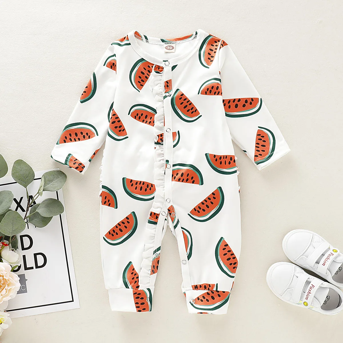 

Newborn Toddler Baby Boy Girl Clothes Cute Watermelon Print Romper Long Sleeve Wrapped Foot Jumpsuit New Born