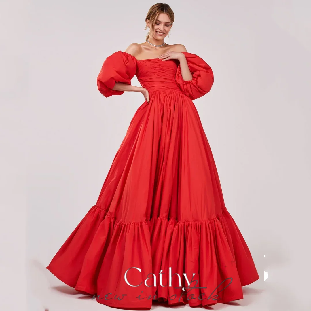 

Cathy Princess Red Puffy Sleeve Taffeta Prom Dresses Sweet Edge Curl Evenging Dress Sexy Strapless A-line Vestidos De Noche