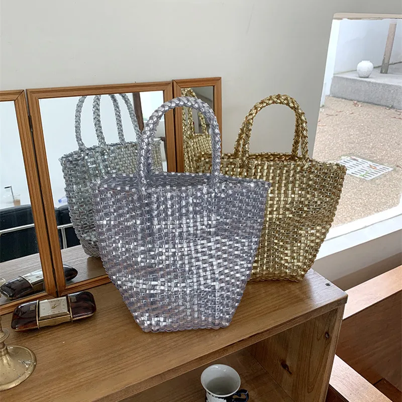 Handmade Woven Beach Woven Tote Bag Women Large Capacity Composite Single Shoulder Shopping Bags Handmade