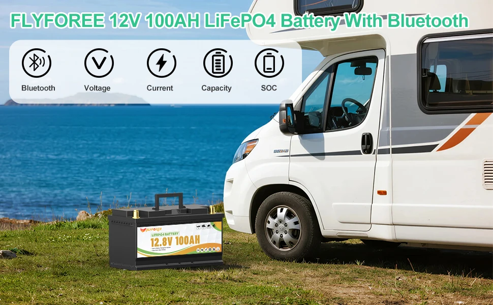 FLLYROWTH 12V 100Ah LiFePo4 Lithium-Akku mit Ladegerät Bluetooth 100A BMS für Wohnmobil-Bootsmotoren Solar-Wind-Lithium-Batterie – Detail 2