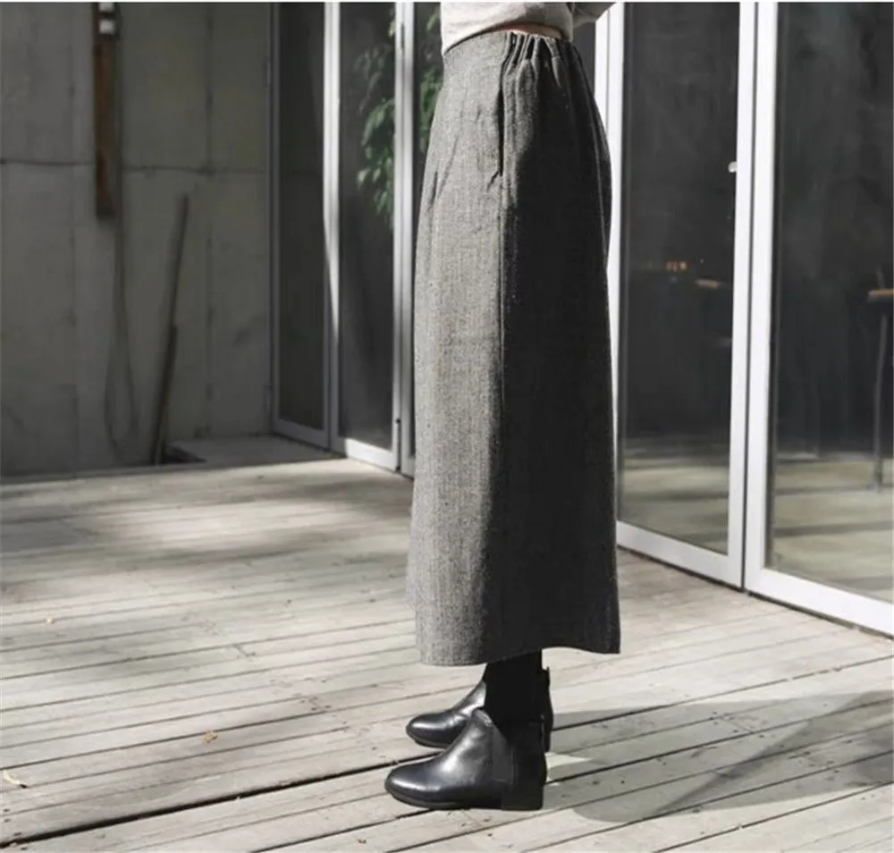 Gonne larghe in lana a gamba larga pantaloni da donna pantaloni Casual pieghettati pantaloni dritti autunnali invernali pantaloni elastici a vita alta con gamba grassa 6