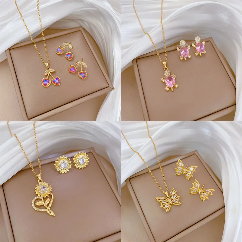 High Grade Butterfly Sunflower Zircon Jewelry Sets Stainless Steel Chains Pendant Necklace Earrings Party Gifts For Women Girls