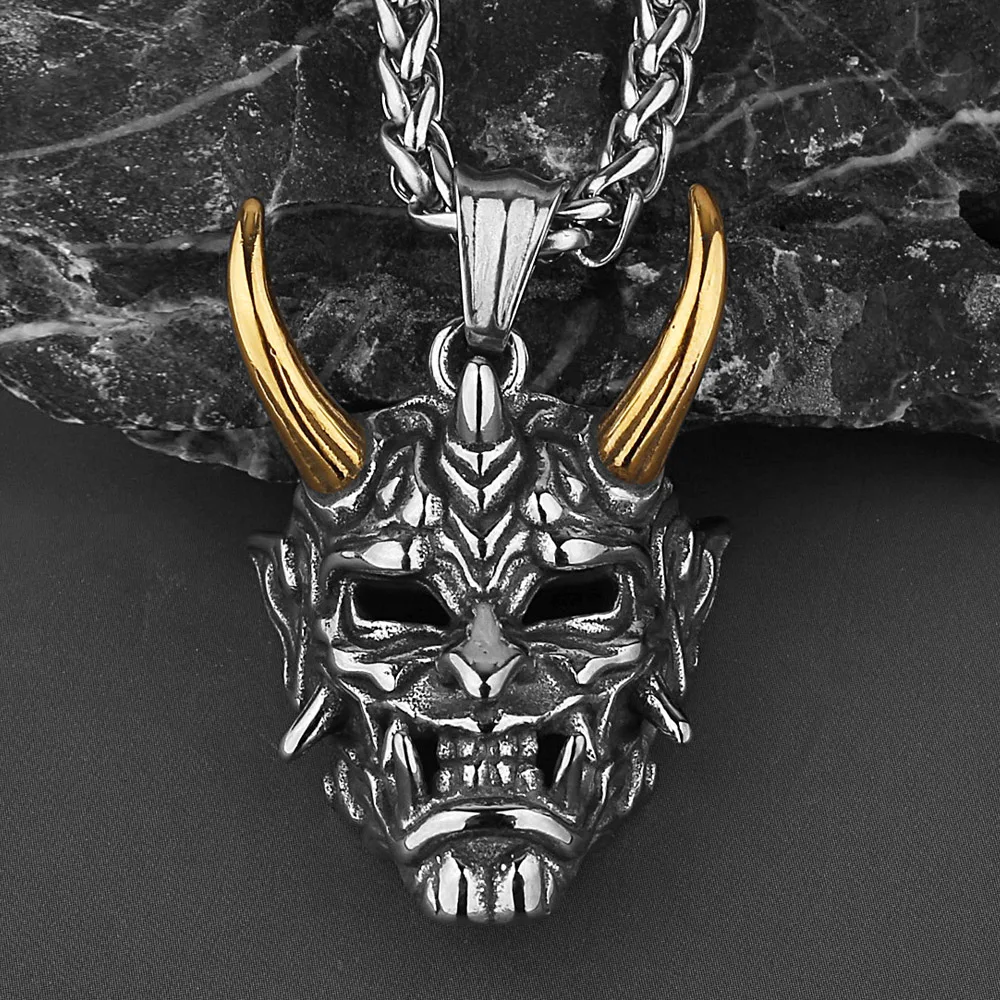 

Gothic Stainless Steel Japan Prajna Mask Necklace Men Punk Hip Hop Retro Biker Demon Pendant Necklace Jewelry Gift Wholesale