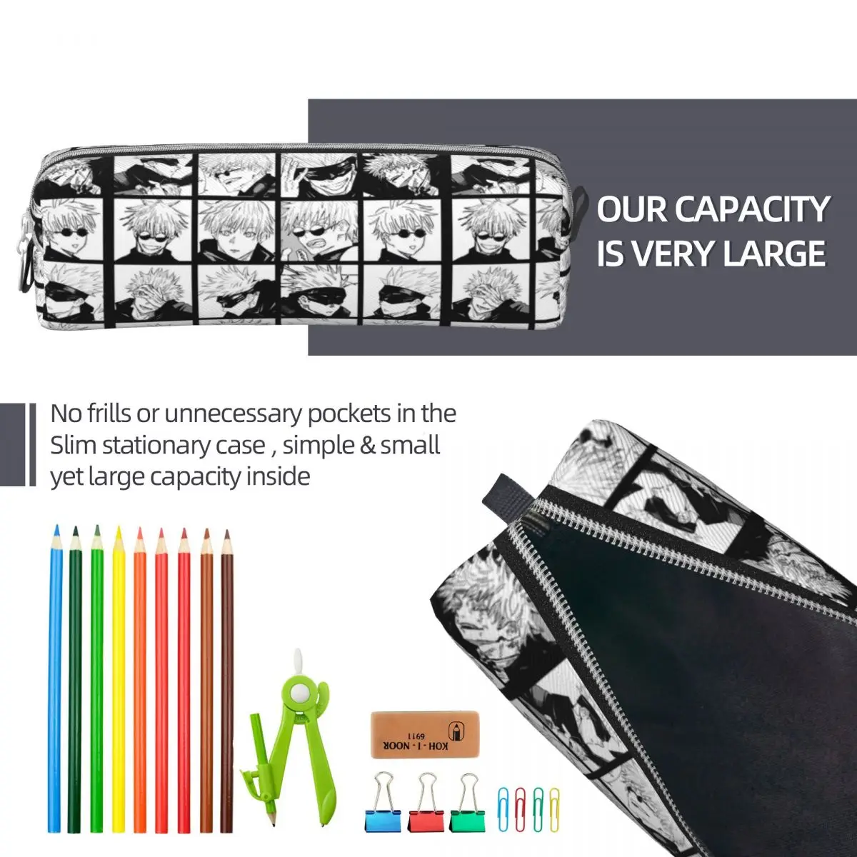 Jujutsu Gojo Satoru Collage Kaisen Pencil Case Comic Pencilcases Pen Holder for Student Large Storage Bag Supplies Stationery
