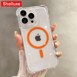 Luxury Transparent Armour Magnetic Phone Case with Corner Protection for iPhone 15 Plus (Orange)