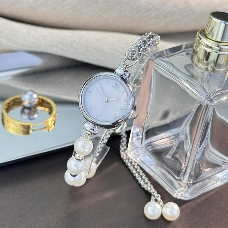 Elegant Pearls Bracelet Strap Women Wristwatch Vintage Small Dial Silver Color Ladies Quartz Watch Gifts
