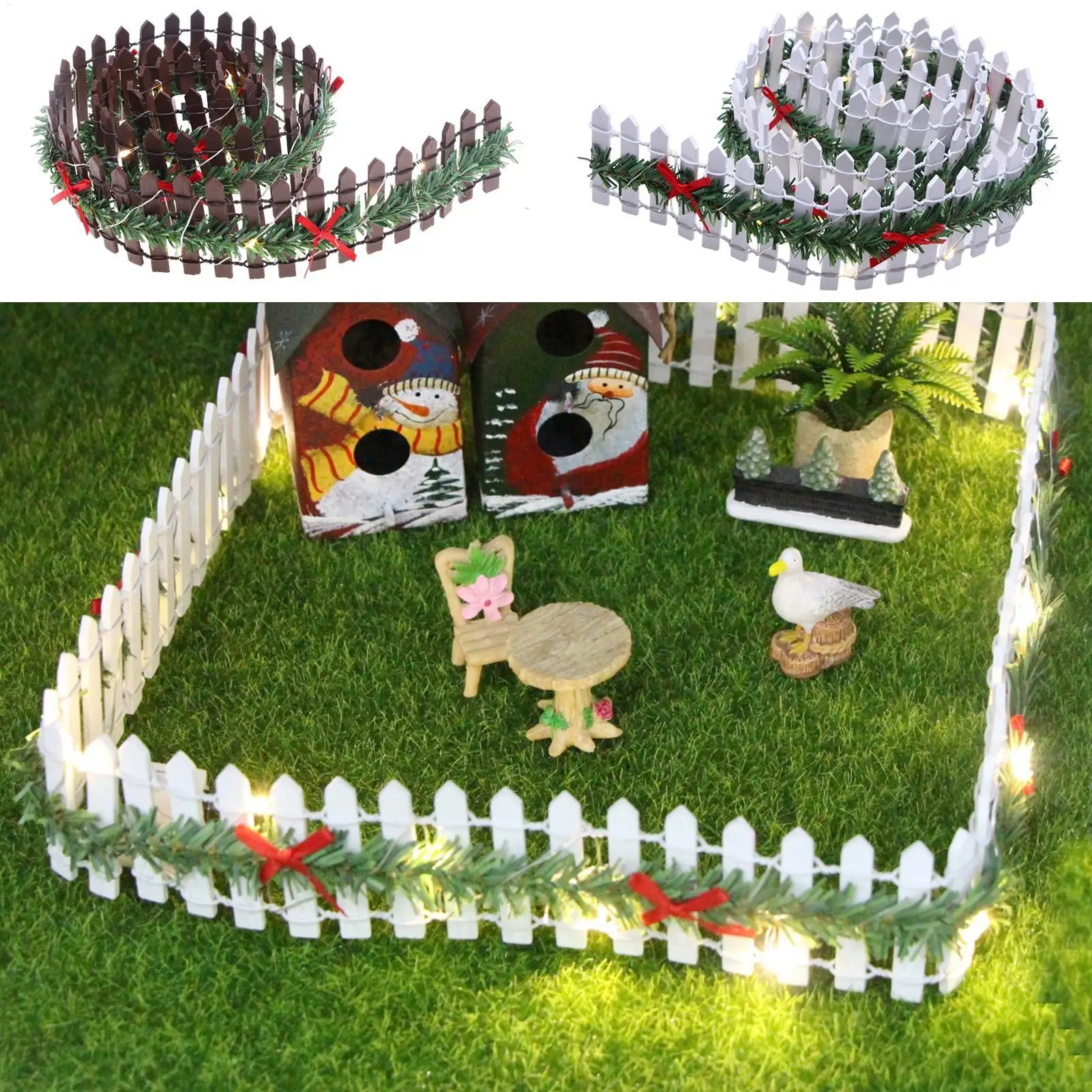 new Dollhouse Miniature Fairy Garden Decor Mini Fence Christmas LED Light Rattan Wooden Fence Landscaping Prop