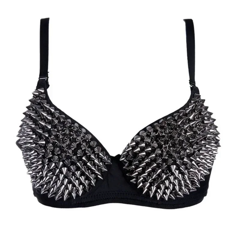Gold Durian Studs Silver Rivets Punk Rave Bra Underwear Gothic Top Sexy Push-up Bras Nightclub Party  Fashion Women Suspenders