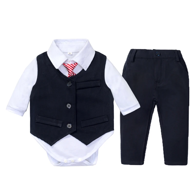 

Baby Boy Formal Birthday Suit Clothes for 1 2 3 Years White Romper+Vest+Pant+Tie Gentleman Outfit Wedding Sets