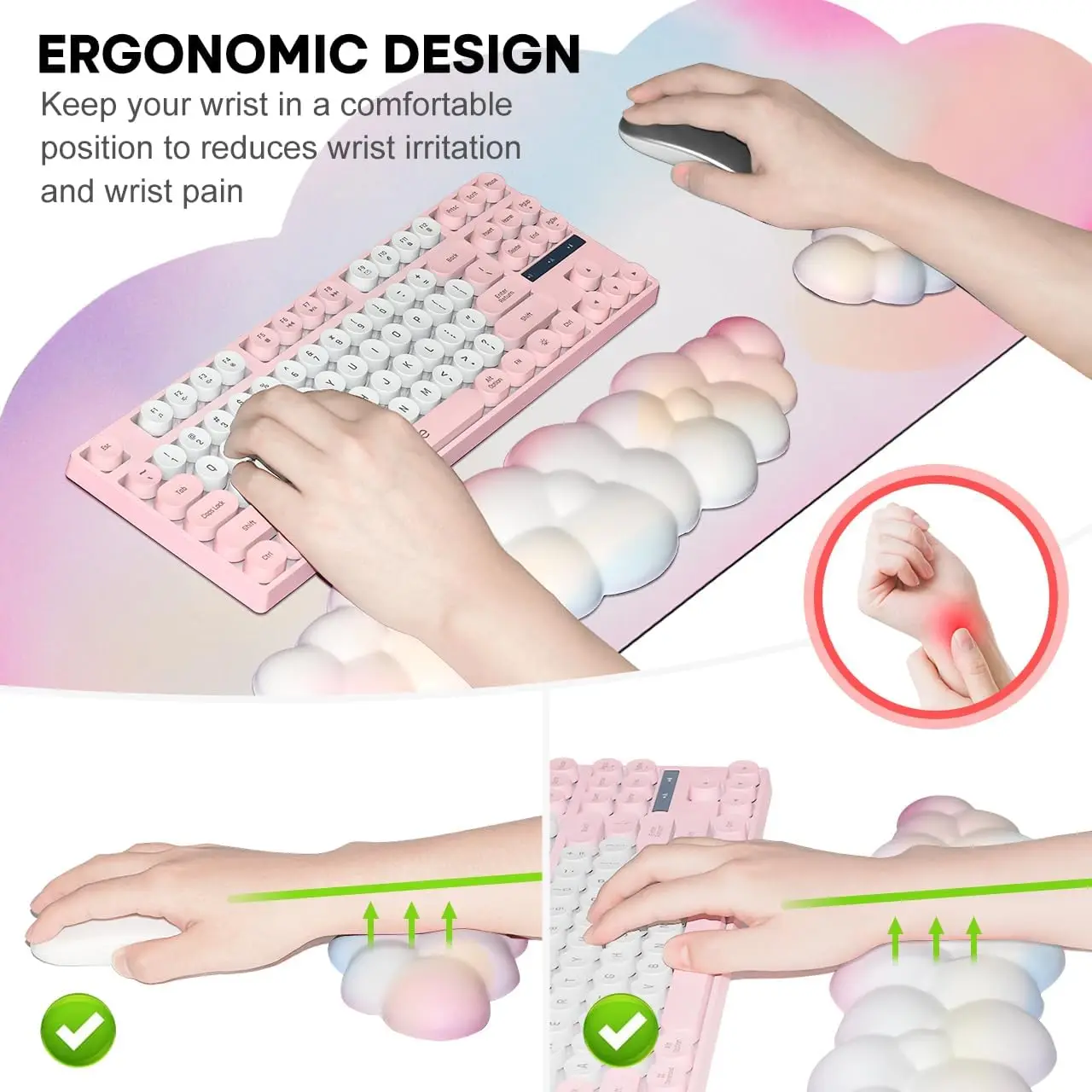 Cloud Keyboard Wrist Pad and Cloud Mouse Wrist Pad Set Ergonomic Computer Desk Wrist Support Mousepad Rainbow Desk Mat