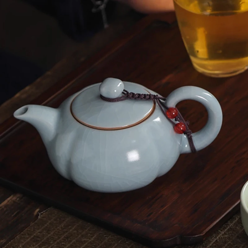 Chinese Style Retro Ceramic Pumpkin shaped Kiln Teapot, Creative Porcelain Single, Kung Fu Household Indoor Supplies, 200ml, 1Pc