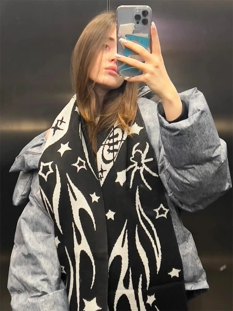 Fashion creative star striped knitted women's scarf men's winter scarf apron black tassel luminous Y2K Kpop 3