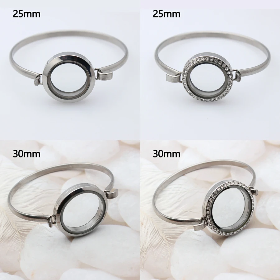 25mm/30mm Round Floating Living Memory Glass Locket Bangle 316L Stainless Steel for Floating Charms Small Photo Dry Flower 3
