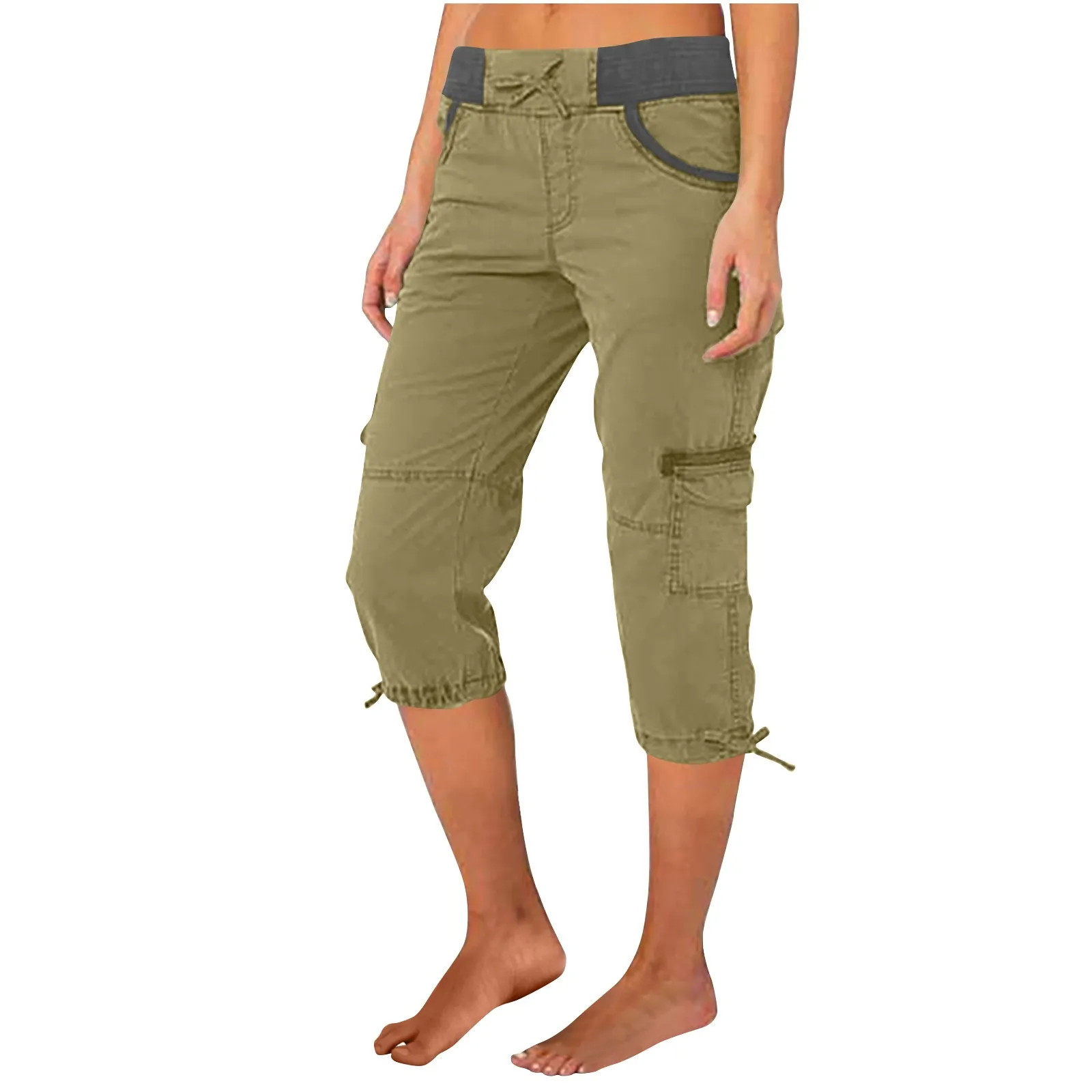 Casual Women'S Pants Color Blocking High Waisted Drawstring Pocket Workwear Pants Capris Women'S Sumer Clothes штаны карго
