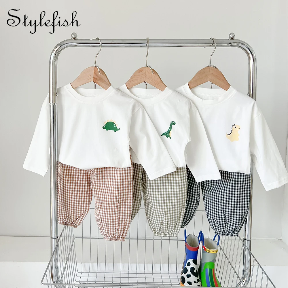 SpringbabysuitnewdinosaurprintbabyclothesTshirtplaidpants2