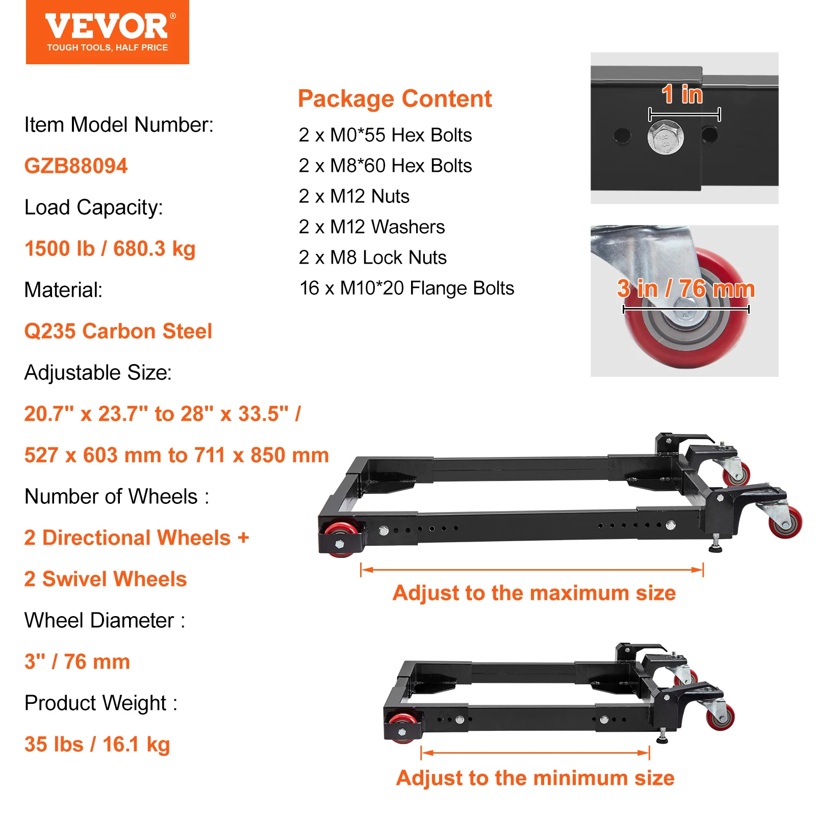 VEVOR Adjustable Mobile Base - 500 Lb Capacity, Fits 12x12 To 36x36, Heavy Duty With Swivel & Locking Wheels For Tools & Machines