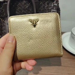 Chic Cowhide Leather Women's Wallet - Small, Stylish Card Holder & Coin Purse with Deer Button Design (Gold)