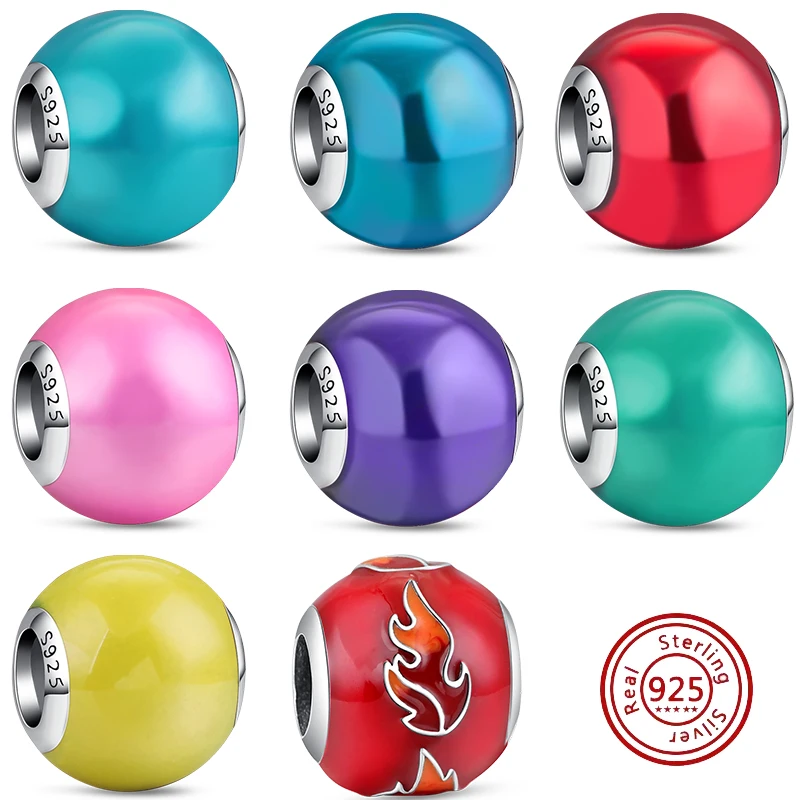 

100% 925 Sterling Silver Colorful Circle Beads Red Blue Green Pink Charms Fits Original Pandora Bracelets For Woman Fine Jewelry