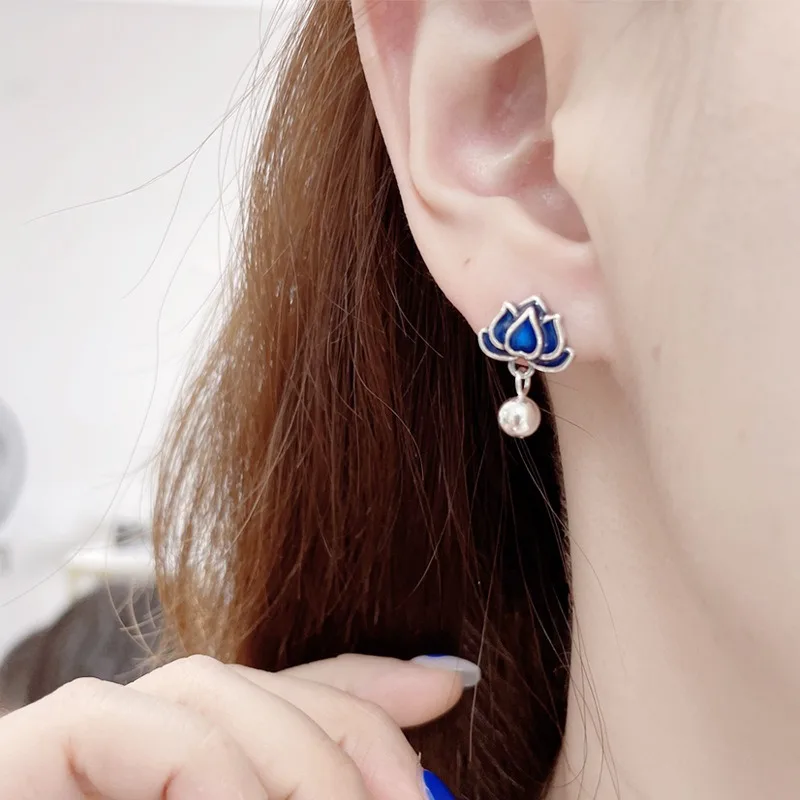 KKJOY Lotus Flower & Moon Earrings - Stainless Steel Dangle Earrings With Blue Stone, Yoga Jewelry