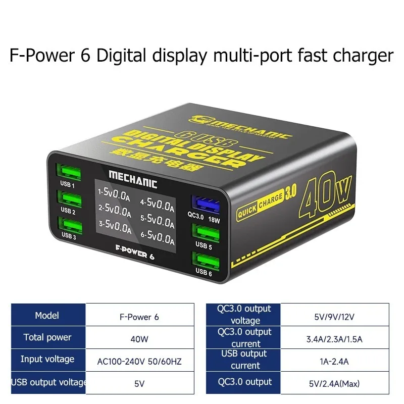 Estação de carregamento USB MECÂNICO F-Power de 6 portas - Carregador rápido com display digital inteligente para telefones, tablets e vários dispositivos