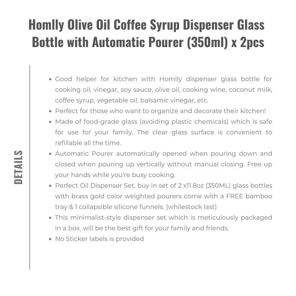 Homlly Olive Oil Coffee Syrup Dispenser Glass Bottle Kitchen Accessories with Automatic Pourer (350ml) x2 pcs