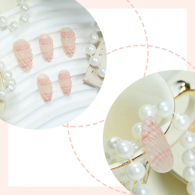 24pcs 누드 핑크 가짜 손톱 달콤한 3D 쉘 디자인 아몬드 틀린 손톱 패치 전체 커버 웨어러블 한국 스타일 손톱에 누르기