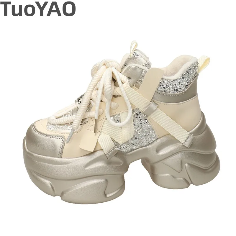 

Winter Women's Chunky Fur Sneakers 8CM Warm High Platform Sports Shoes Woman Thick Sole Leather Casual Shoes Zapatillas Mujer