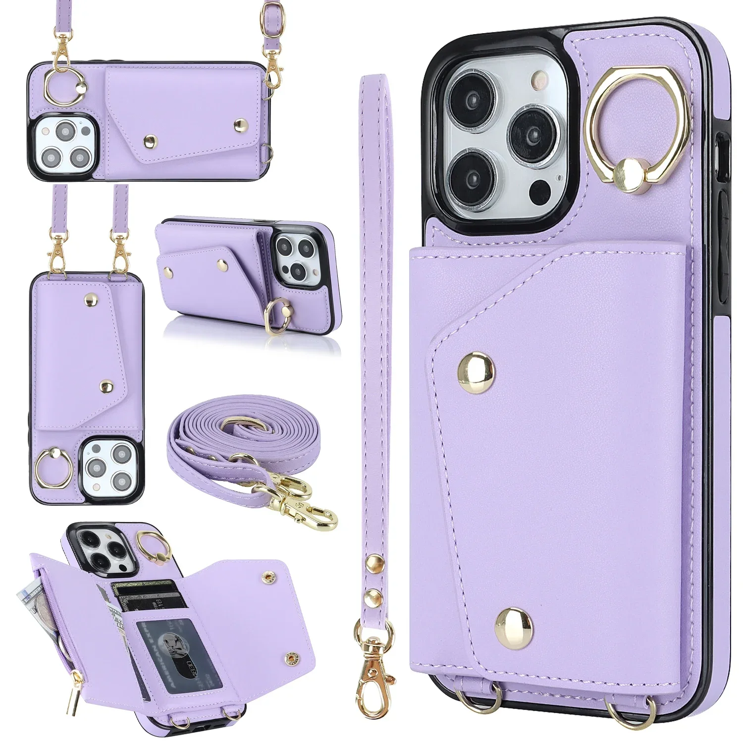 thumbnail image 1 of Funda de teléfono de cuero con tarjetero y correa para la muñeca con cordón cruzado para iPhone 16 15 14 11 Pro Max XS XR 7 8 Plus 13 12 Mini, 1 of 4