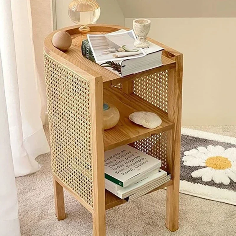 Nordic Double Layers Bedside Table Solid Wood Vine Weaving Storage Cabinet Bedroom Homestay Side Table Ins Modern Furniture