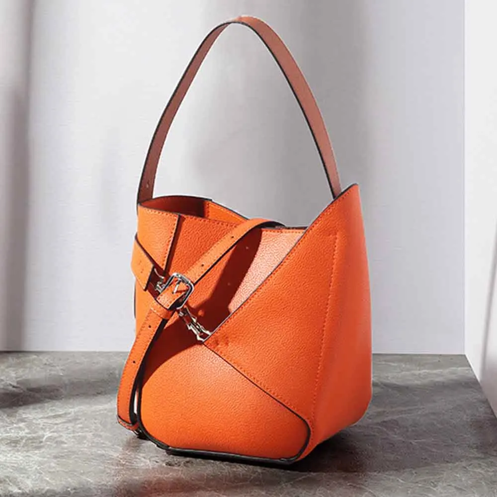 

MS Fashion Genuine Leather Bucket Bag for Women European and American Style Luxury Designer Bags Orange Tote Purses New In 2023