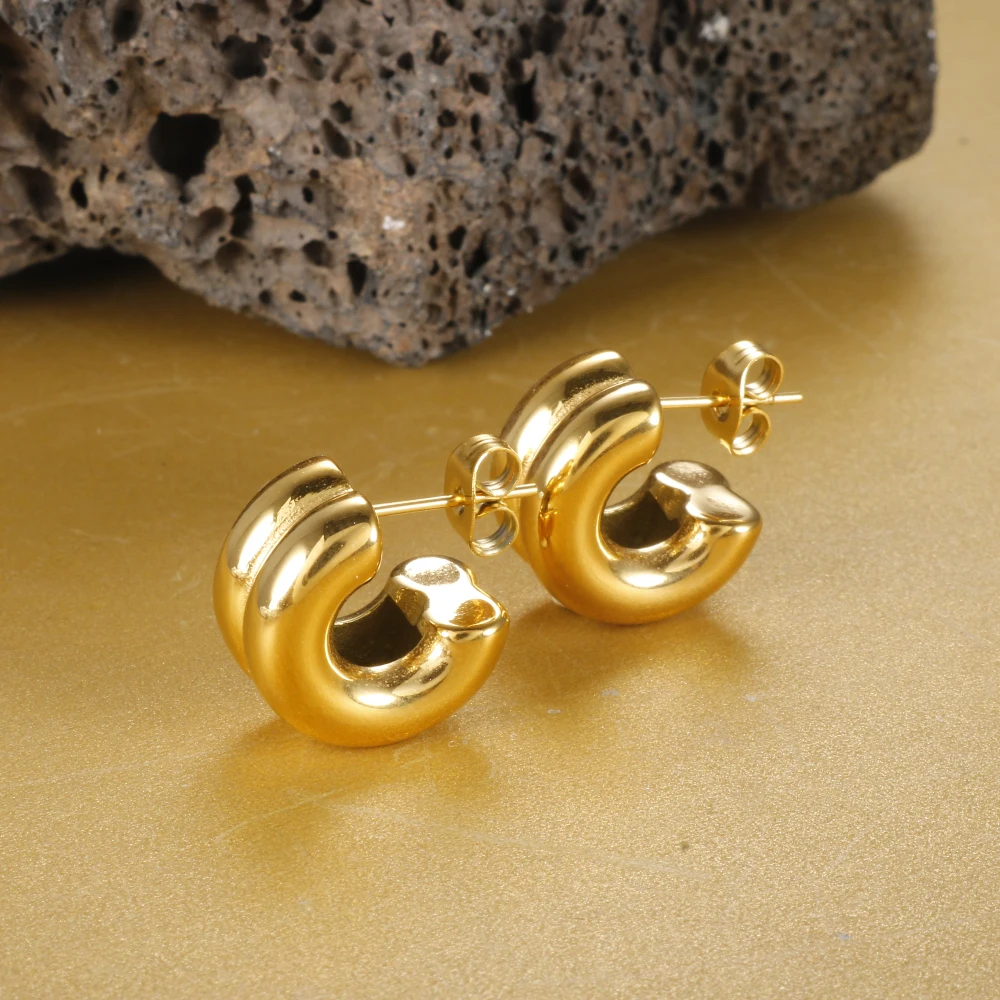 Stainless Steel PVD Gold Color Hollow Design Chunky Stud Earrings for Women Girl Fashion Simple Wholesale Ear Jewelry Gift