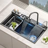 Stainless Steel Kitchen Sink Embossed Multifunctional Waterfall Wash Basin With Knife Holder Farmhouse Large Single Bowl 1