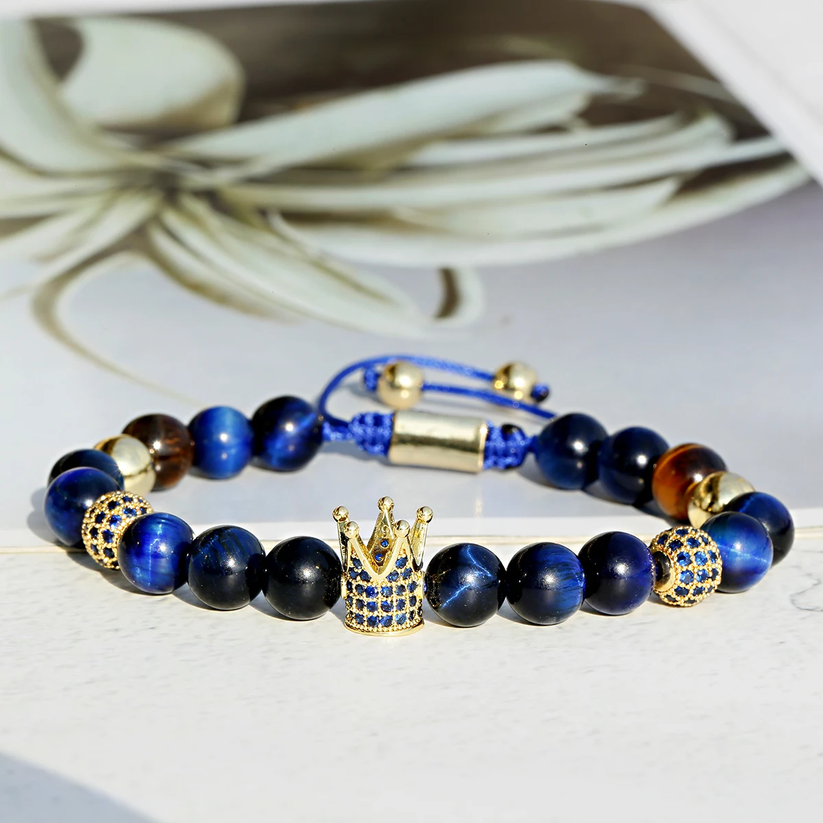 Luxury High Quality Tiger Eye Stone Weaving Bracelet for Men Charm CZ Crystal Ball&Crown Beads Bracelets Boyfriend Jewelry Gift