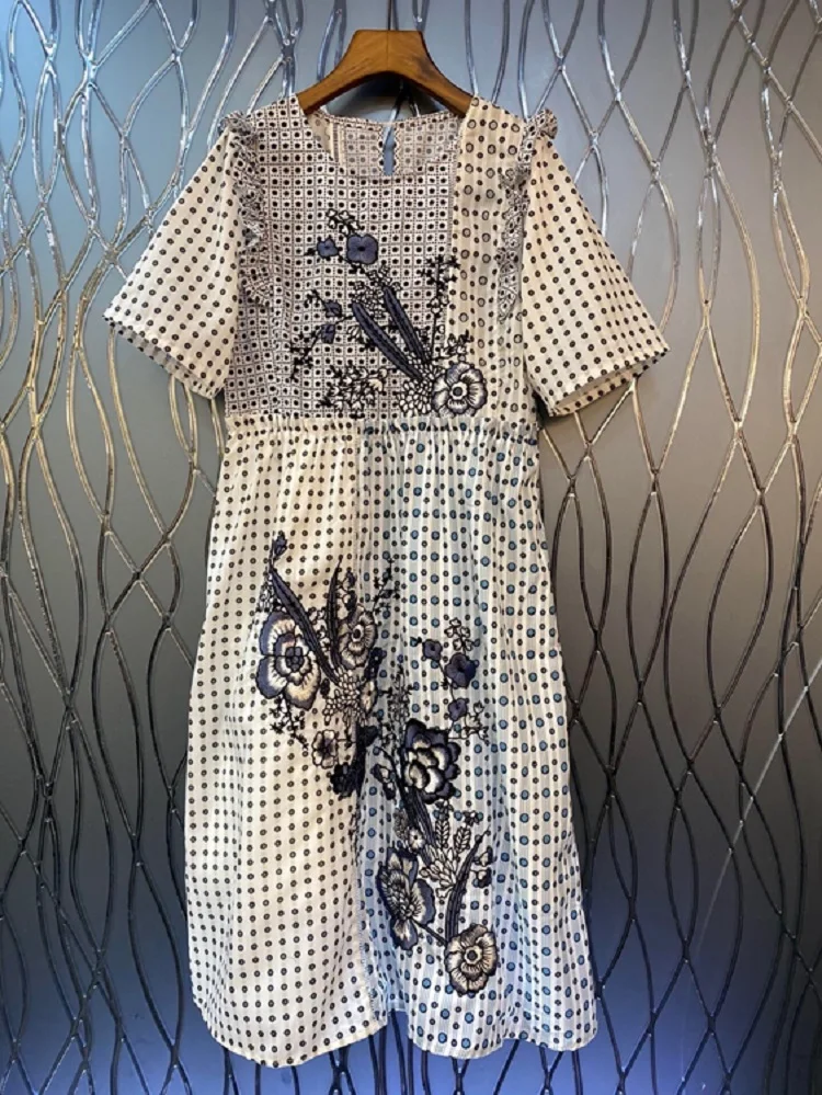 

Vintage Retro Dress 2022 Summer Fashion Style Women Polka Dot Prints Floral Embroidery Short Sleeve Mid-Calf Length Casual Dress