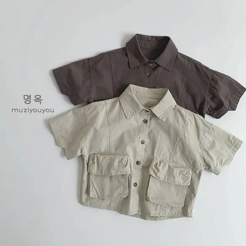 Frühling Sommer Kinder Shirts 1-8Y Jungen Baumwolle Gespleißt Taschen Kurzarm Cargo Tops Koreanische Kleinkind Tragen Für Kinder Kleidung Neue – Detail 1