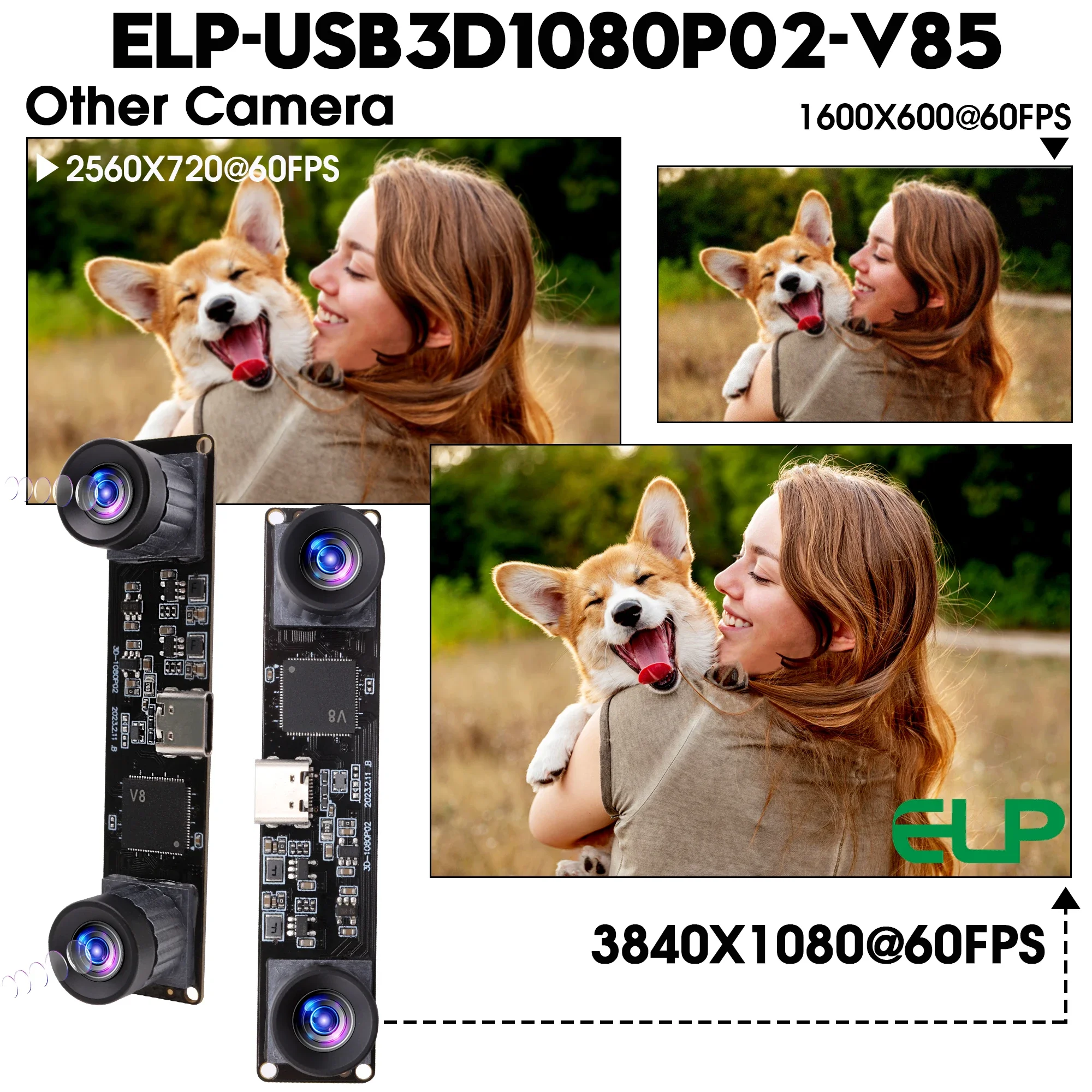 ELP Synchronous 3D Stereo Camera 3840*1080P 4MP 60fps Webcam No Distortion Dual Lens USB Camera Module with Type-C USB2.0 Cable