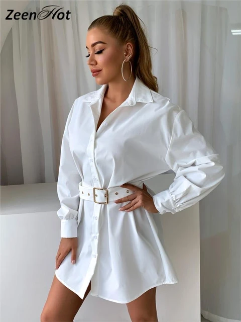 Women Shirts Dress Office Lady Long Sleeve V-Neck High Waist Mini Dress  Solid White Belt Waist Shirt Tunic Dresses 2022 - AliExpress