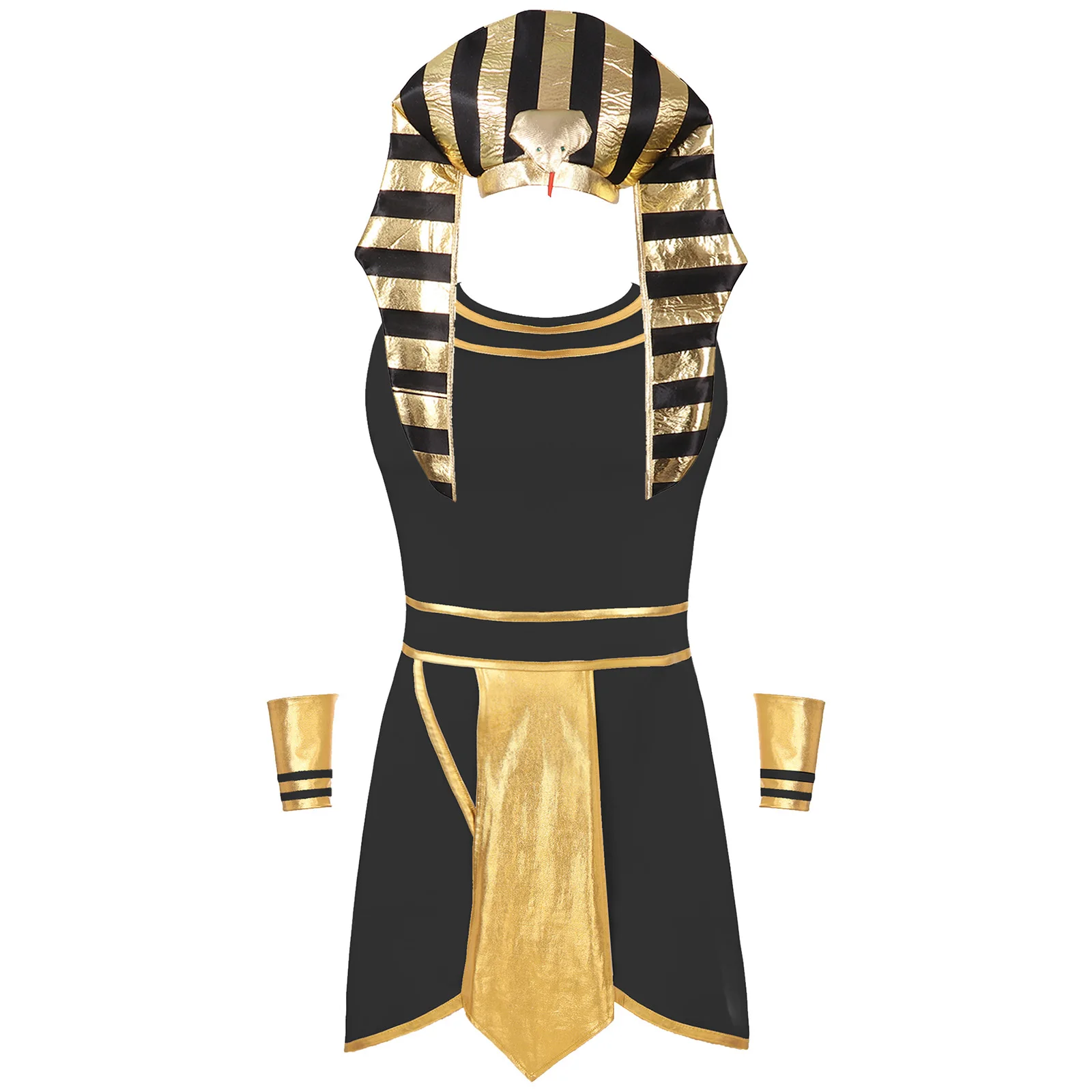 

Mens Halloween Egyptian Pharaoh King Costume Carnival Theme Party Cosplay Dress Up Contrast Color Dress Snake Head Hat Cuffs