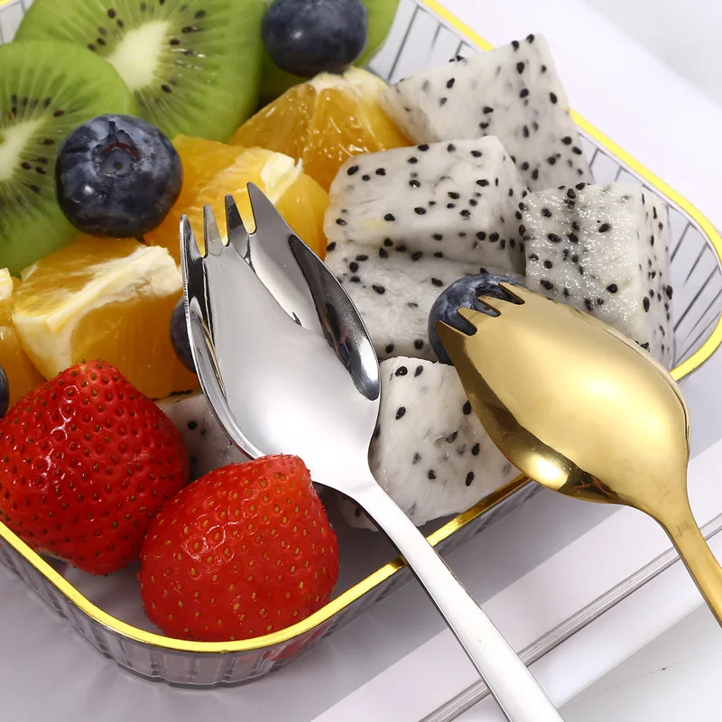 Stainless Steel Fruit Desser Fork Spoon Cutlery Integrated Pasta Steak Salad Tableware Long Handle Cake Food Scoup Kitchenware stainless steel forks
