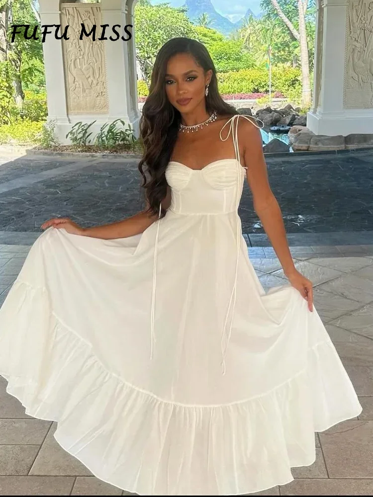 

Женское длинное платье на бретельках, элегантное однотонное белое платье без рукавов с открытой спиной и высокой талией, лето 2024