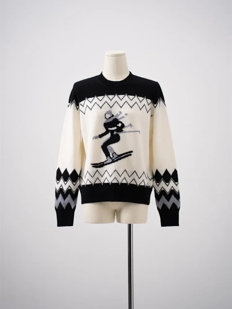 

Women's Knitted Sweater 2023 New 100% Wool Geometric Jacquard Round-Neck Vintage Long Sleeve Pullover