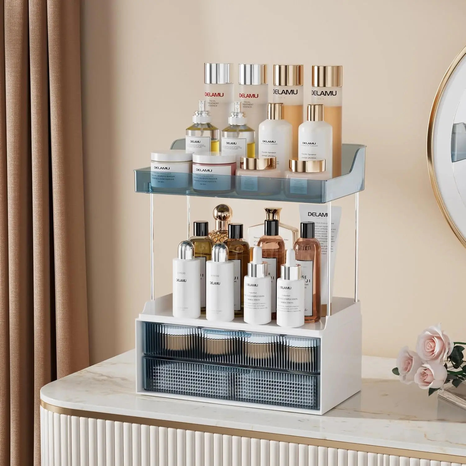 Bathroom Organizers and Storage, 2-Tier 2-Drawer Makeup Organizer Countertop,Ideal for Bathroom Storage, Vanity, Large Skincare