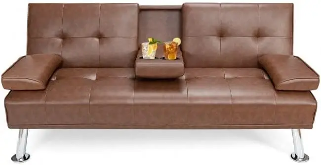 Leather Futon Sofa Bed Convertible Folding Couch for Living Room.Small Space with Cup Holder and Removable Armrest Brown