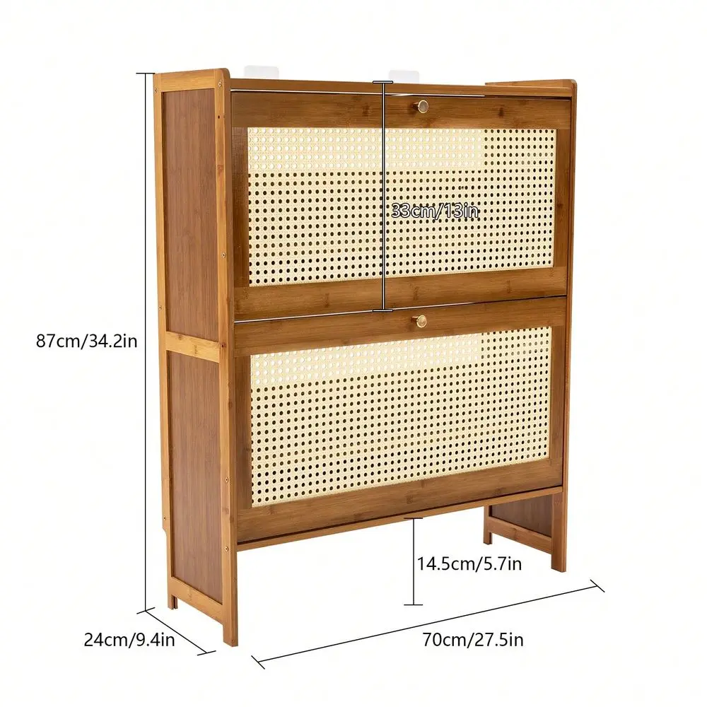 Schrank mit 2 handgefertigten Schubladen aus Naturrattan, Schuhregal für den Eingangsbereich, Aufbewahrungsorganizer für Sneaker, Lederschuhe und Hausschuhe_voghion.com