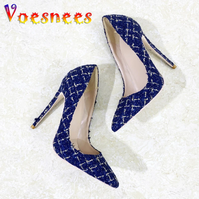 

12CM Fashion Plaid Super High Heels 2023 New French Style Party Wedding Single Shoes Blue Costume Tweed Womens Pointed Toe Pumps